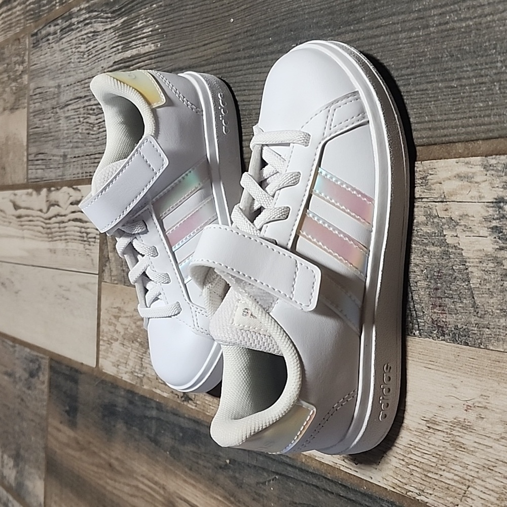 New size 11, little girl Adidas, white with pink stripes